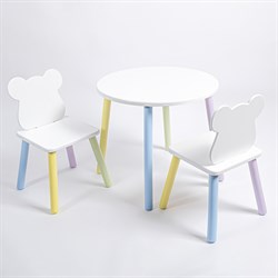 Комплект детский стол КРУГЛЫЙ и два стула МИШКА ROLTI Baby (белая столешница/белое сиденье/цветные ножки) - фото 39703